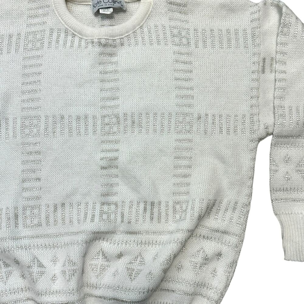 Kate Collins Vintage White Silver Crew Neck Sweater M Metallic Cabin Cottage - Picture 3 of 4